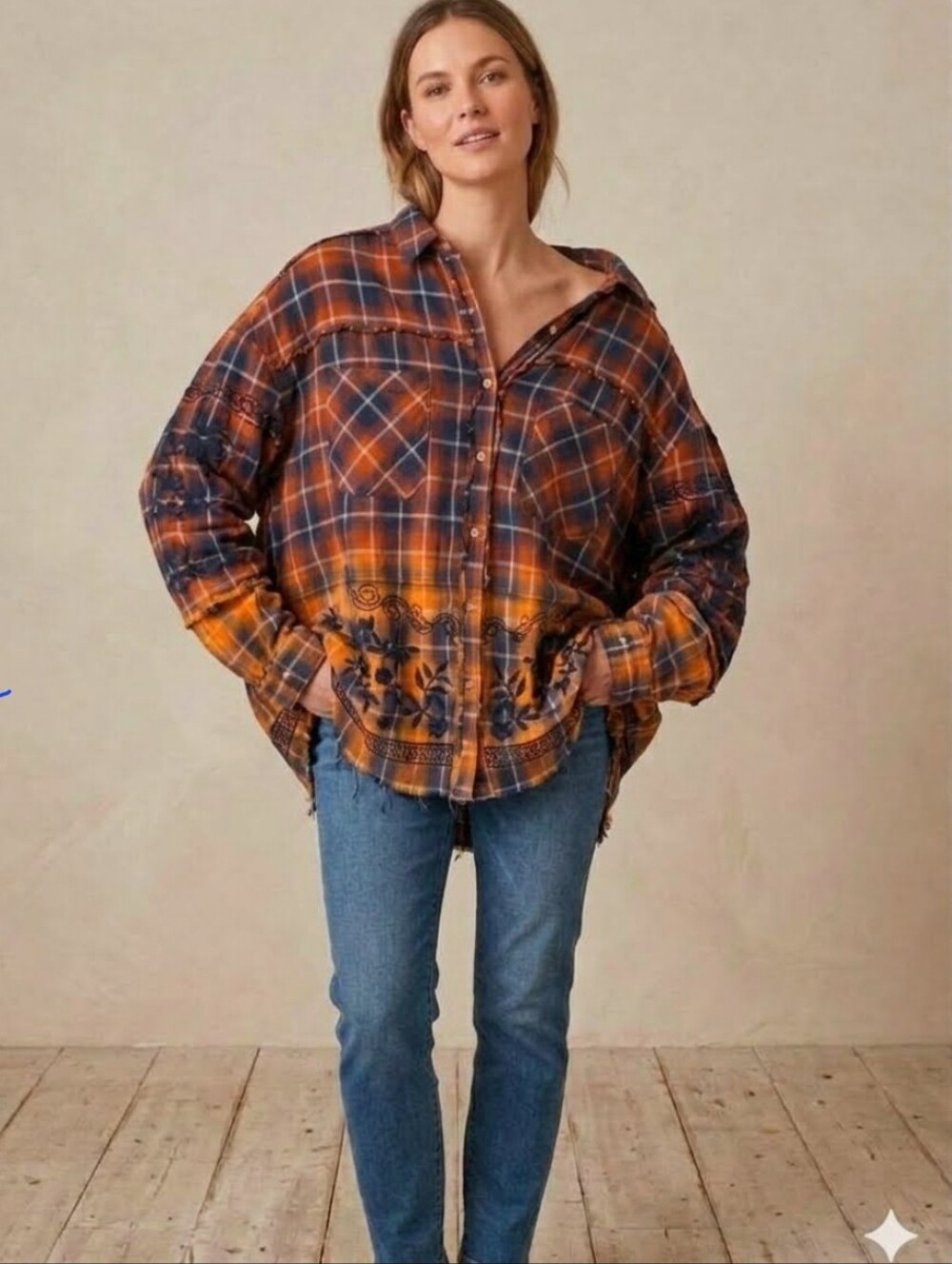 Oli & Hali L Emberloom Embroidered Mineral Wash Button Down Flannel  Women Shirt